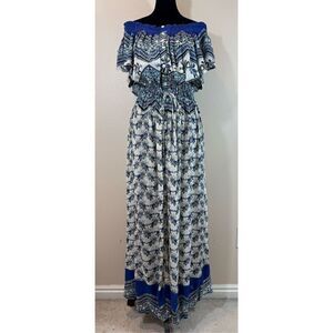 Patrons of Peace Mixed Prints Boho Off The Shoulders Flutter Sleeves Maxi Dress